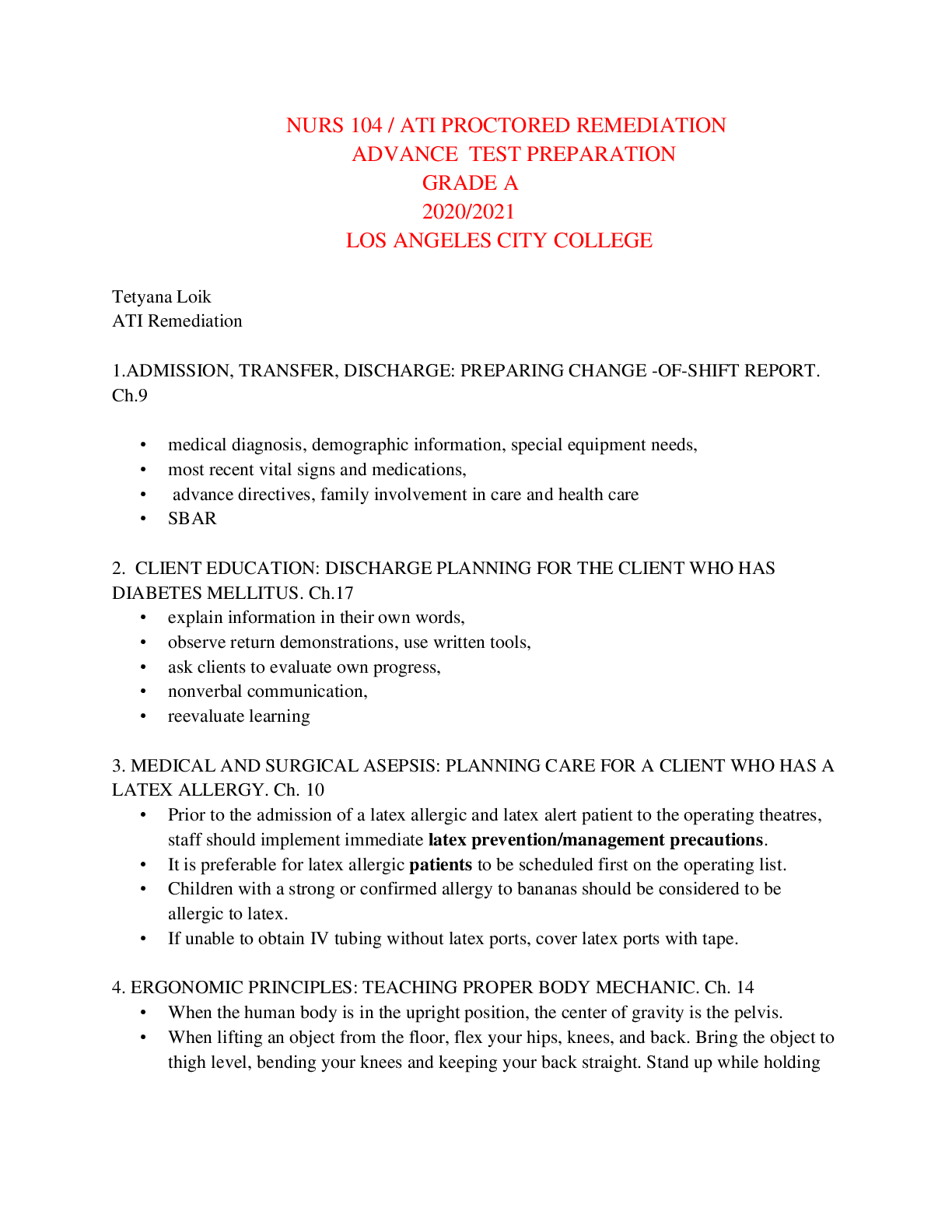Preview image for NURS 104 / ATI PROCTORED REMEDIATION  ADVANCE TEST PREPARATION  GRADE A 2020/2021  LOS ANGELES CITY COLLEGE
